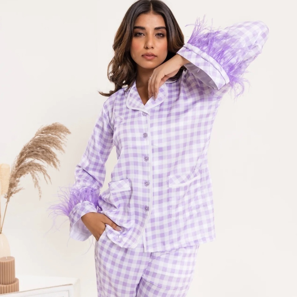 SLEEPER Plaid purple top only new Print Feather Trim size small